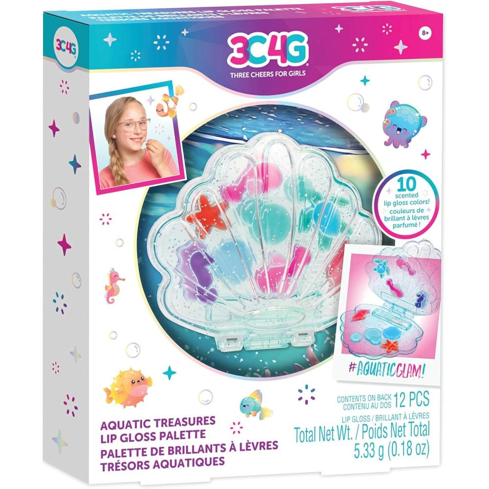 image:image3C4G Aquatic Treasures Lip Gloss Palette  Portable ClamShaped Case 10 Fruity StrawberryScented Colors Three Cheers for Girls Kids Ages 8