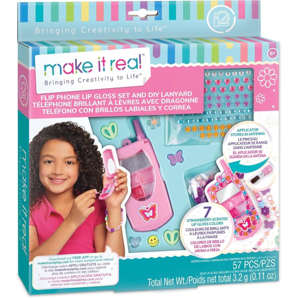 image:image3C4G Make It Real Flip Phone Lip Gloss Set amp DIY Lanyard  7 StrawberryScented Lip Gloss Colors  Decorate with Gems amp Stickers  Fun Makeup Kit for Girls for Kids Ages 6