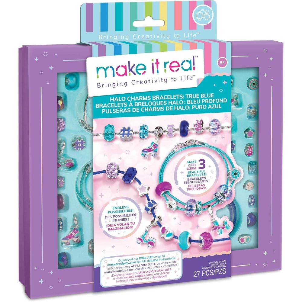 image:imageMake It Real  Halo Charms Bracelets True Blue  DIY Charm Bracelet Making Kit  Friendship Bracelet Kit with Beads Charms amp Cord  Arts amp Crafts Bead Kit for Girls  Makes 3 Bracelets