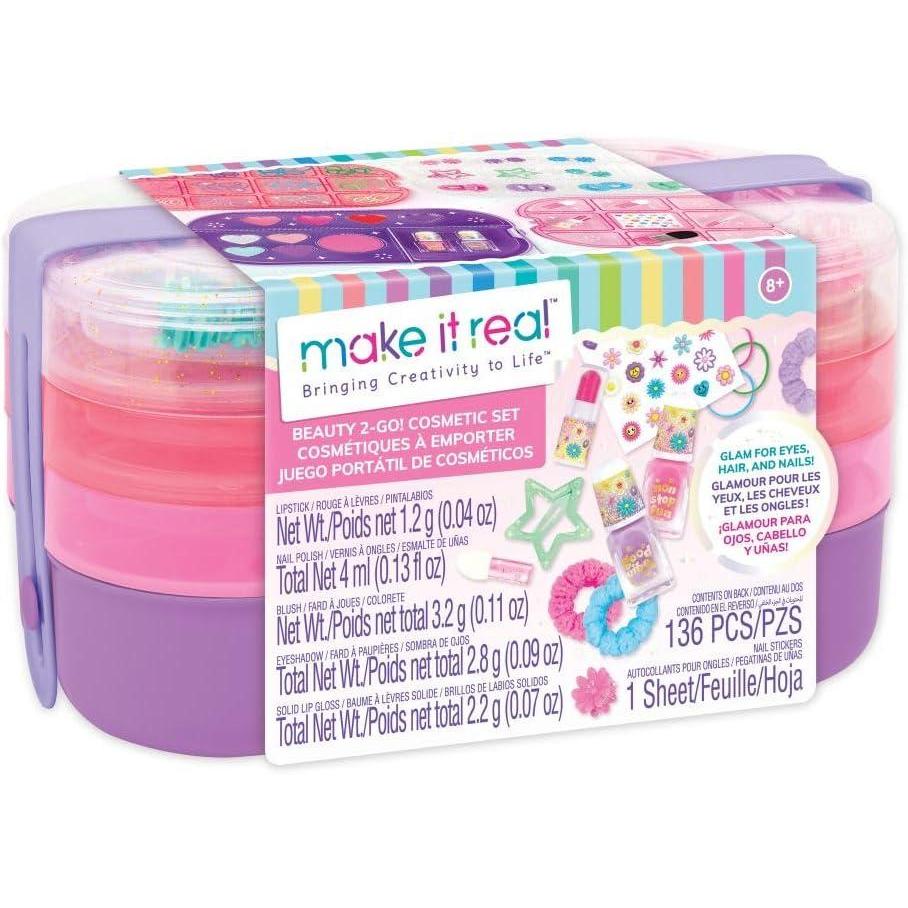 image:imageMake It Real Beauty 2Go Cosmetic Set  136pcs Glam for EyesHairNails Tray Compartments Pink amp Purple Storage Carry Case Girls amp Kids Ages 8
