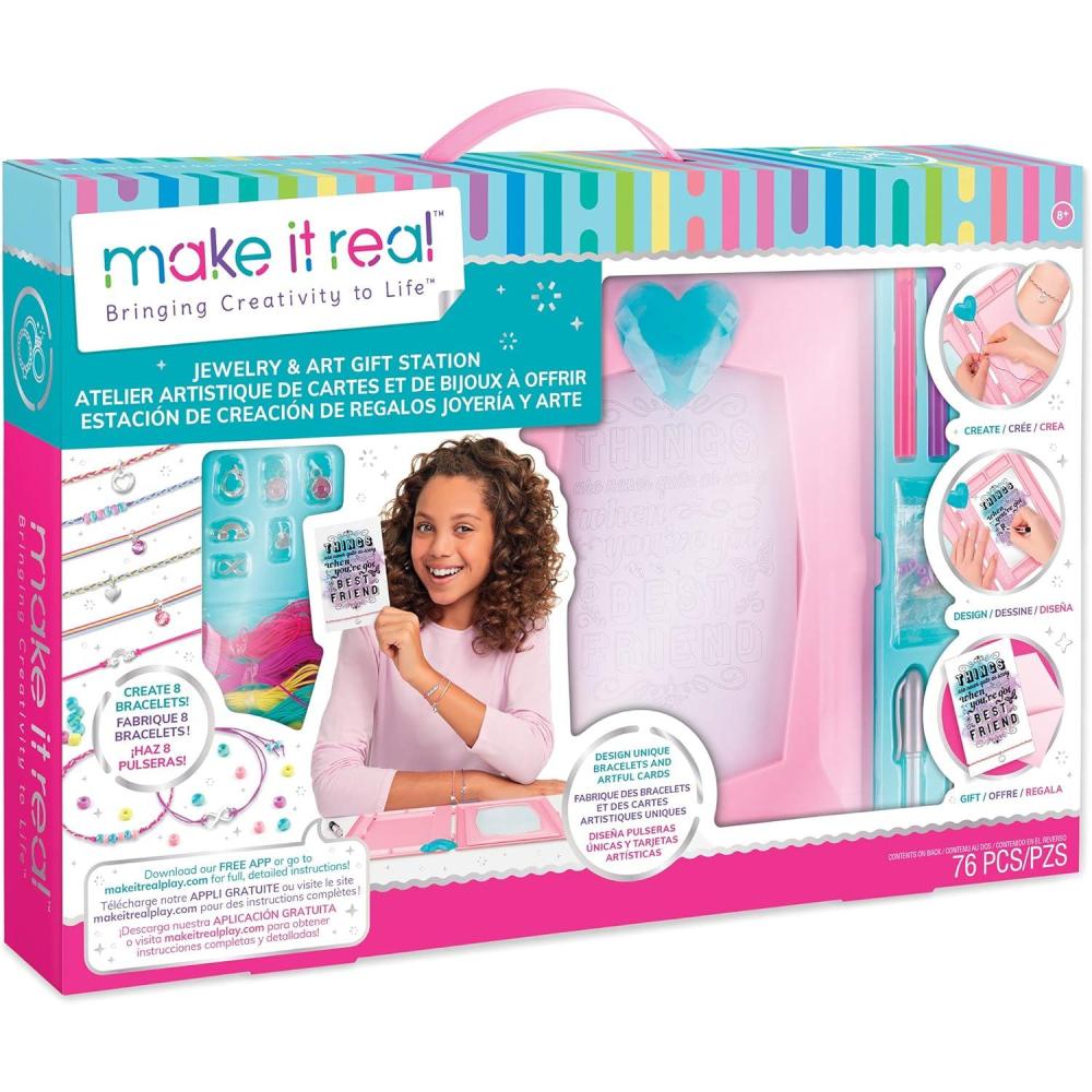 image:imageMake It Real DIY Jewelry amp Art Gift Station  Create 8 Bracelets amp Cards 76 Piece Kit Calligraphy amp Watercolor Designs Made Easy Tweens amp Girls Art amp Crafts AllinOne Kit Kids Ages 8