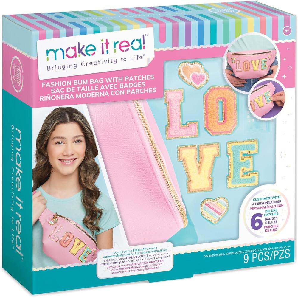 image:imageMake It Real Fashion Bum Bag with Patches  9 pcs Pink Zipper Bag with Rainbow Band DIY Customize Love Patches Tweens Girls amp Kids Ages 8