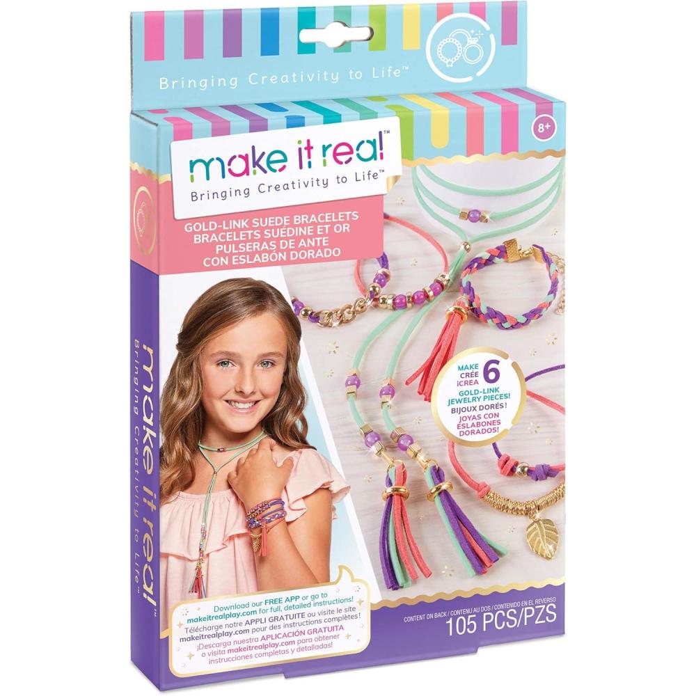 image:imageMake It Real GoldLink Suede Bracelets Kit  Create 6 Unique Cord amp Tassel Charm Bracelets 105 Pieces Includes Play Tray DIY Link amp Bead Jewelry Kit Tweens amp Girls Arts amp Crafts Kids Ages 8nica