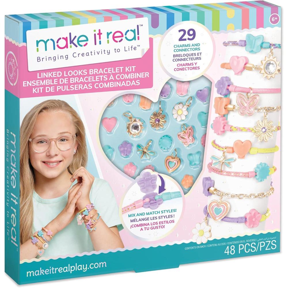 image:imageMake It Real Linked Looks  48pc DIY Bracelet Kit Pastel Charms amp Connectors Mix amp Match Styles Cord Bracelet Jewelry Craft Set Girls amp Kids 6