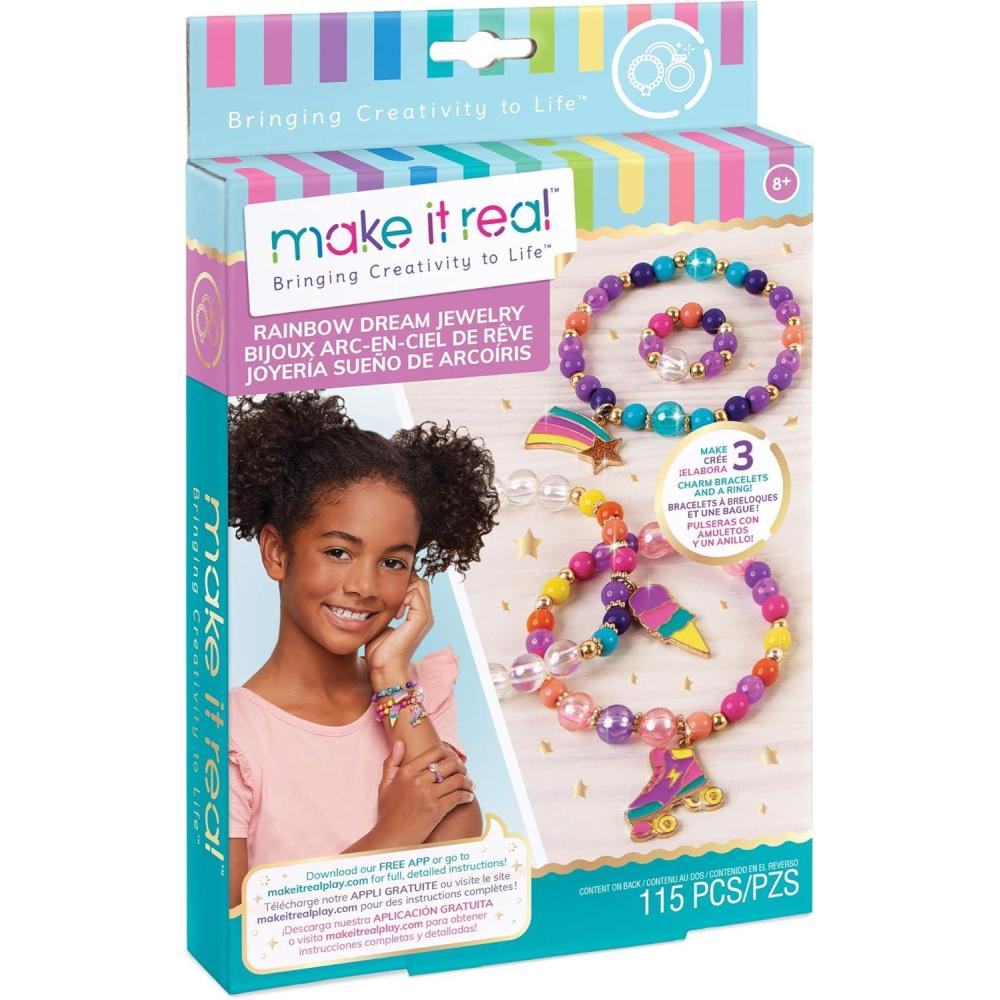 image:imageMake It Real Rainbow Dream Jewelry Kit  Create 3 Unique Charm Bracelets amp A Ring 123 Pieces Includes Play Tray AllinOne DIY Colorful Bead Jewelry Kit Tweens amp Girls Arts amp Crafts Ages 8