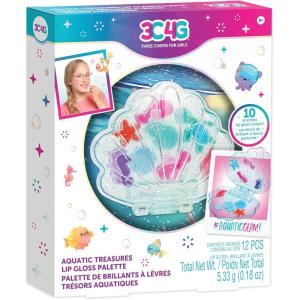 3C4G: Aquatic Treasures Lip Gloss Palette – Portable Clam-Shaped Case, 10 Fruity Strawberry-Scented Colors, Three Cheers for Girls, Kids Ages 8+