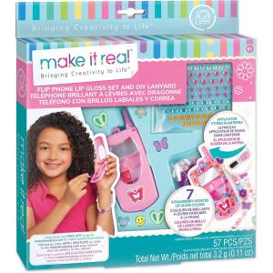 3C4G Make It Real Flip Phone Lip Gloss Set & DIY Lanyard – 7 Strawberry-Scented Lip Gloss Colors – Decorate with Gems & Stickers – Fun Makeup Kit for Girls for Kids Ages 6+