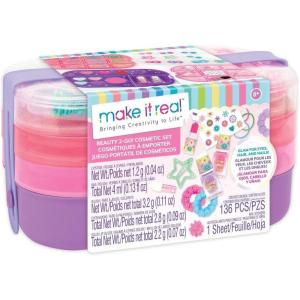 Make It Real: Beauty 2-Go! Cosmetic Set – 136pcs, Glam for Eyes-Hair-Nails, Tray Compartments, Pink & Purple Storage Carry Case, Girls & Kids Ages 8+