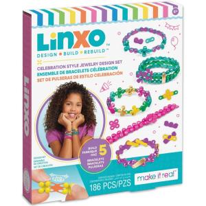 Make It Real: LinXo Celebration Jewelry Design Set – 186pcs, DIY 5 Flexible Bracelets, Design-Build-Rebuild, Craft Activity Kit, Girls & Kids Ages 6+