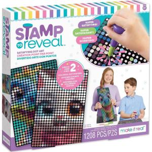 Make It Real Stamp to Reveal DIY Dot Posters, 1 Stamper per kit & 3 Dot Posters |Craft Kit, Artwork Activity, Girls & Kids Ages 6 Bunny, Frog, Panda(Art- Stamp Cat & Dino)