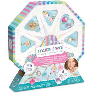 Make It Real: Sweet Spin Carnival Lip Gloss Bracelets – 104pc, DIY Jewelry Craft Kit, Design 5 Charm Chain Bracelets, Strawberry-Scented Gloss, Kid 8+
