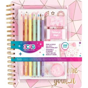 Make it Real 3C4G- Pink & Gold All-in-1 Sketchbook Set – Unlined Diary, Journal & Sketchbook for Kids – Includes Pencils, Stickers & More – Perfect Drawing Kit for Girls – Creative Kids Sketch Pad