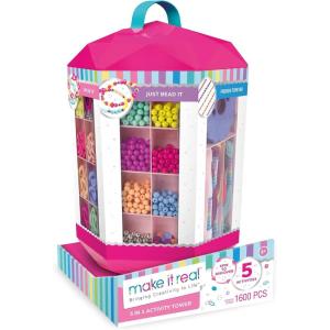 Make it Real 5 in 1 Activity Tower – Jewelry Making Kit with Storage – Heishi Beads, Plastic Links, Mini Rubber Bands, Round Beads & Thread – Friendship Bracelet Making Kit for Girls 8-10-12-14(Round)