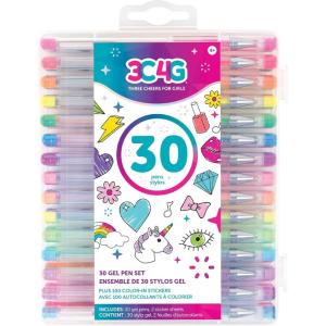 Three Cheers for Girls by Make It Real – 30 Piece Gel Pen Set – Colored Gel Pens with Metallic, Pastel, Neon, Rainbow & Glitter – Cute Pens for Drawing, Coloring or Journaling – Includes 100+ Stickers(Original)