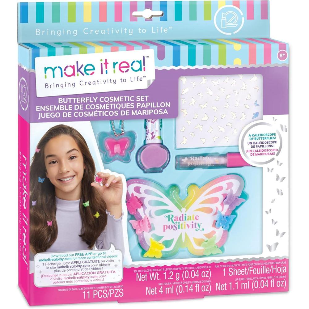 image:imageMake It Real Butterfly Dreams Cosmetic Set  11 Pieces Tweens amp Girls Includes 6 Butterfly Hair Clips Polish Nail Stickers 2 Lip Gloss amp Instructions Butterflies Makeup amp Beauty Kids Ages 8