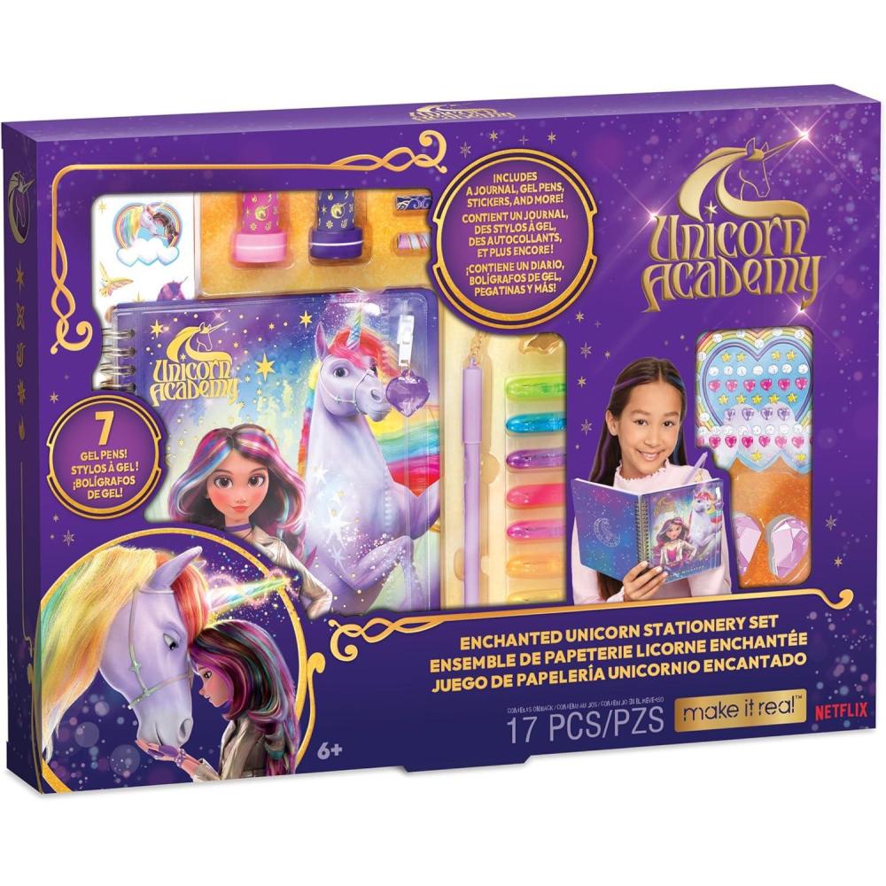image:imageMake It Real Unicorn Academy Enchanted Unicorn Stationery Set  17pc Journal Kit Gel PensStickersErasersGems Diary Netflix Series Kids 6