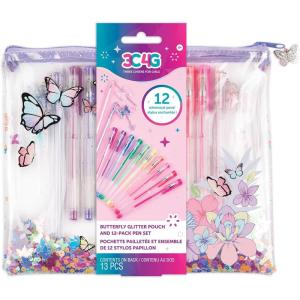 3C4G Butterfly Glitter Pouch & Colored Gel Pen Set – 10 Color Gel Pens for Kids, 2 Butterfly Writing Pens for Kids & Sequin Pencil Case for Girls – Kids Gel Pens for Coloring by Make It Real