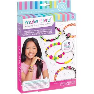 Make It Real – Retro Neon Black & White Bracelets – DIY Charm Bracelet Making Kit with Case – Friendship Bracelet Kit with Beads, Charms & Cord – Arts & Crafts Bead Kit for Girls – Makes 5 Bracelets