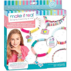 Make It Real – Summer Vibes Heishi Bead Bracelets – DIY Charm Bracelet Making Kit with Case – Friendship Bracelet Kit with Beads, Charms & Thread – Arts & Crafts Bead Kit for Girls – Makes 5 Bracelets