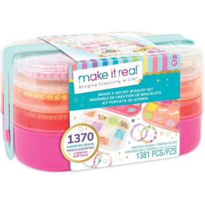 Make It Real: Beads 2-Go! DIY Jewelry Set – 1381pc, Bento Style Travel Case, 1370 Beads, Design & Create Personalized Jewelry, Girls & Kids Ages 8+