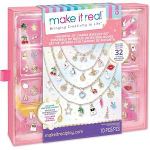 Make It Real: Handful of Charm – 70 pc DIY Jewelry Set, 4 Chain Lengths, Design & Create, Charm Necklace & Bracelet Craft Kit, Girls & Kids Age 8+