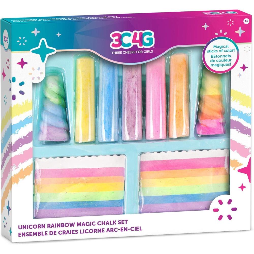 image:image3C4G Unicorn Rainbow Magic Chalk Set  Sidewalk Chalk for Toddlers amp Kids  Washable Outdoor Set  Includes 5 Chalk Sticks 2 Rainbow Cakes amp 2 Unicorn Horns by Make It Real