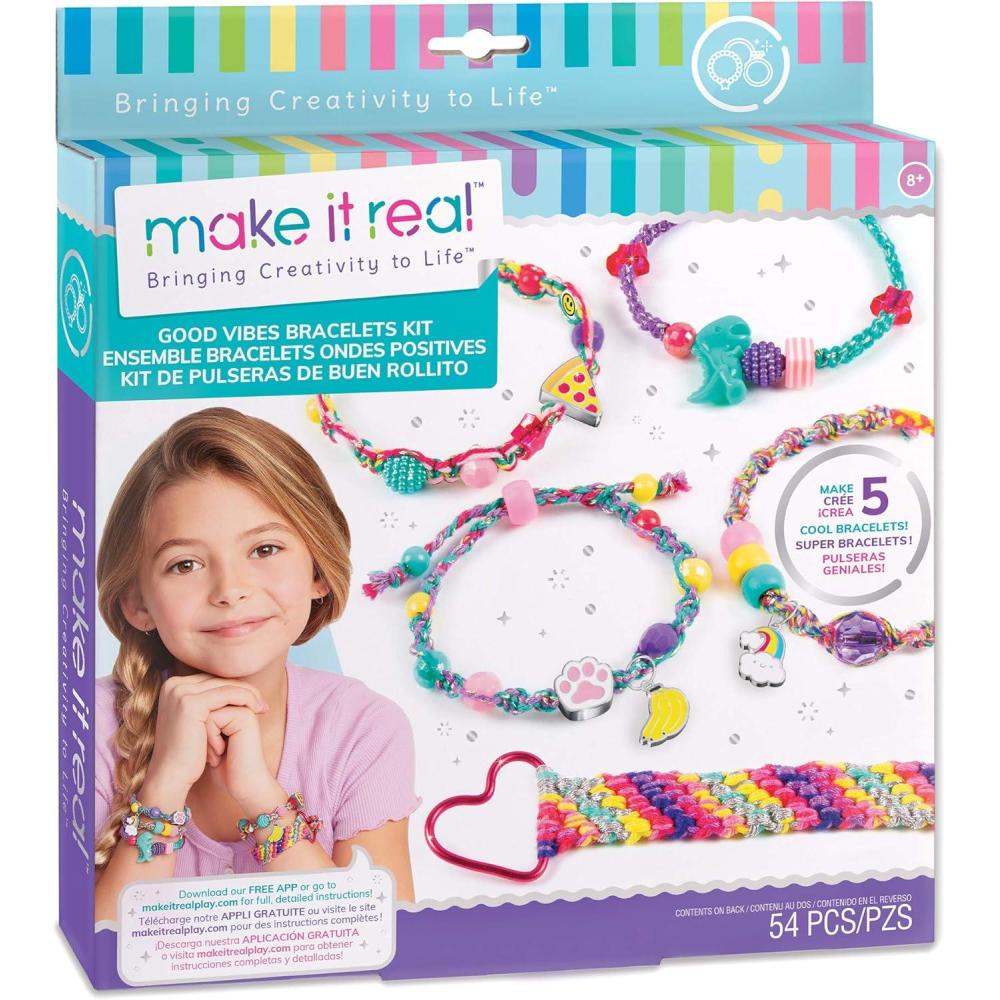 image:imageMake It Real  Good Vibes Bracelets Kit  DIY Charm Bracelet Making Kit with Case  Friendship Bracelet Kit with Beads Charms amp Thread  Arts amp Crafts Bead Kit for Girls  Makes 5 Bracelets