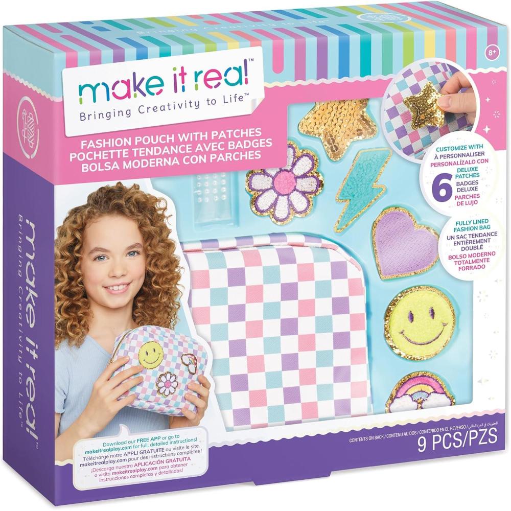 image:imageMake It Real Fashion Pouch with Patches  9pcs Checkered Pink Blue Purple DIY Customize Your Pouch Fully Lined Fashion Bag Tweens amp Girls Ages 8