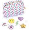 Make It Real: Fashion Pouch with Patches – 9pcs, Checkered Pink, Blue, Purple, DIY Customize Your Pouch, Fully Lined Fashion Bag, Tweens & Girls, Ages 8+