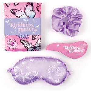 3C4G Butterfly Beauty Sleep Set – Sleepover Set for Girls, Tweens & Teens with Kids Sleep Mask, 100% Satin Pillowcase (Standard Size), Satin Scrunchie & Hair Brush Purple by Make It Real
