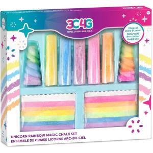 3C4G Unicorn Rainbow Magic Chalk Set – Sidewalk Chalk for Toddlers & Kids – Washable Outdoor Set – Includes 5 Chalk Sticks, 2 Rainbow Cakes & 2 Unicorn Horns by Make It Real